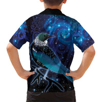 New Zealand Tui Bird Hawaiian Shirt The Pleiades Star Cluster and Koru Tribal Tattoo Galaxy Vibe