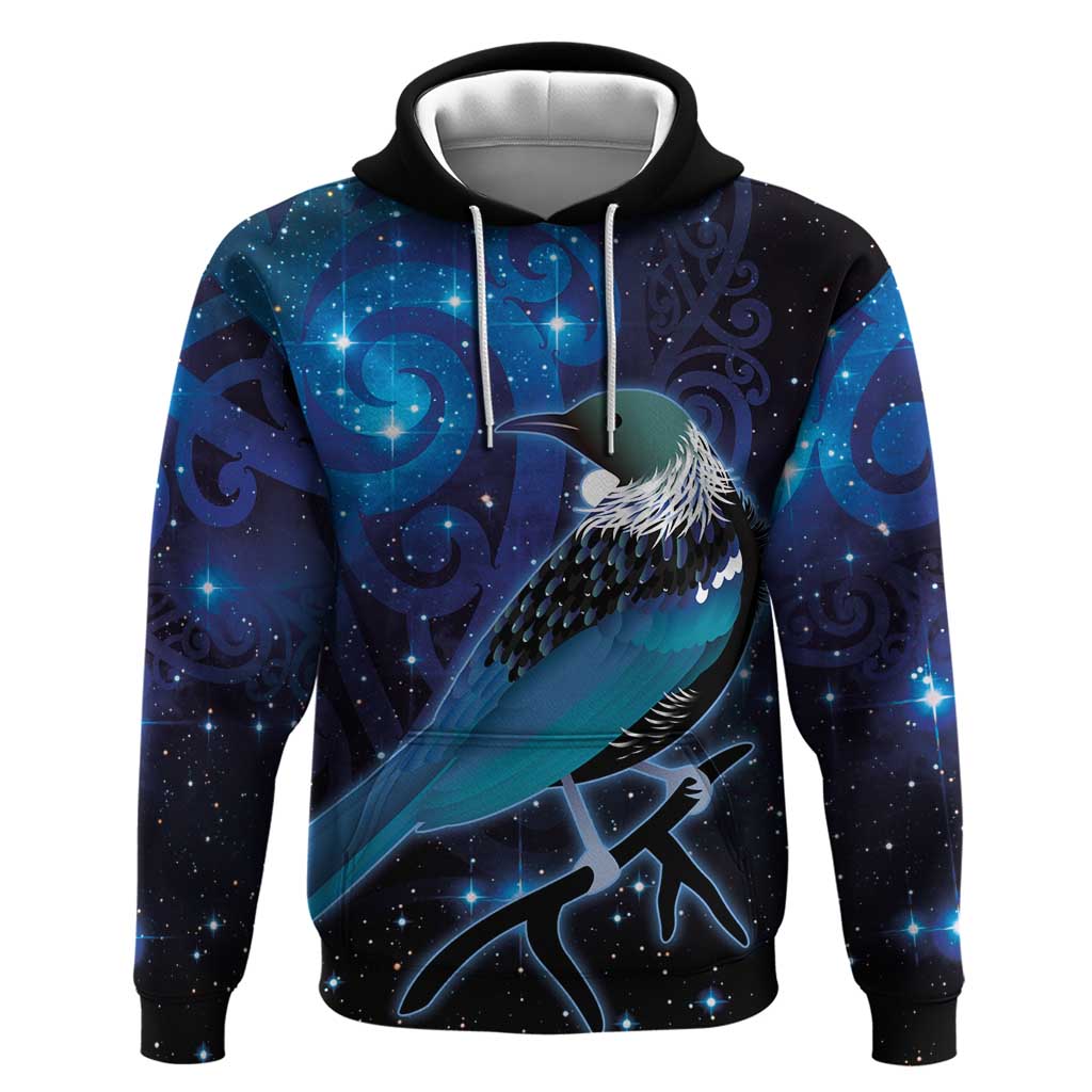 New Zealand Tui Bird Hoodie The Pleiades Star Cluster and Koru Tribal Tattoo Galaxy Vibe