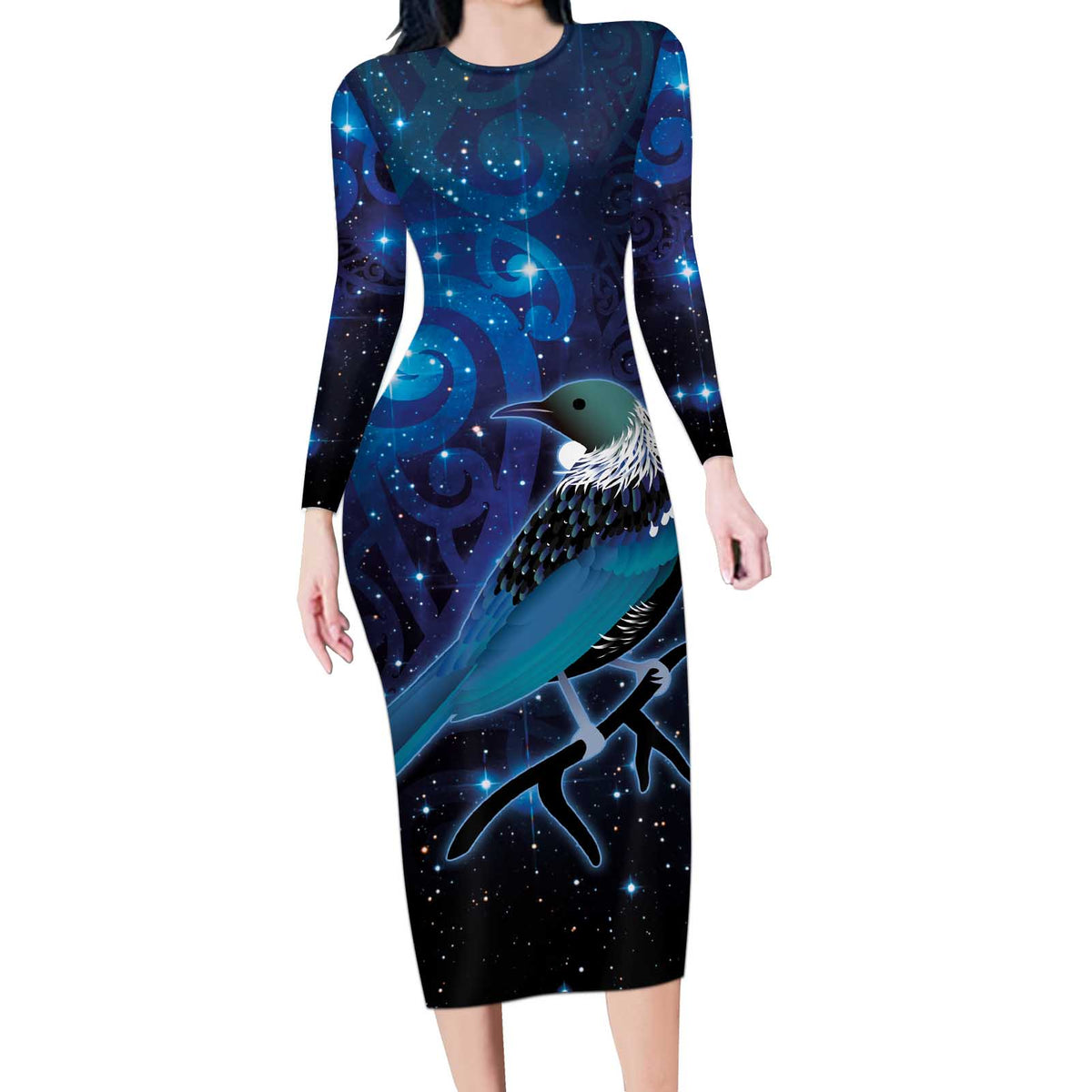 New Zealand Tui Bird Long Sleeve Bodycon Dress The Pleiades Star Cluster and Koru Tribal Tattoo Galaxy Vibe LT03 Long Dress Blue - Polynesian Pride