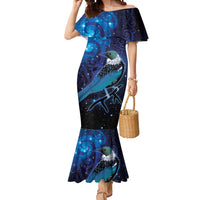 New Zealand Tui Bird Mermaid Dress The Pleiades Star Cluster and Koru Tribal Tattoo Galaxy Vibe LT03 Women Blue - Polynesian Pride