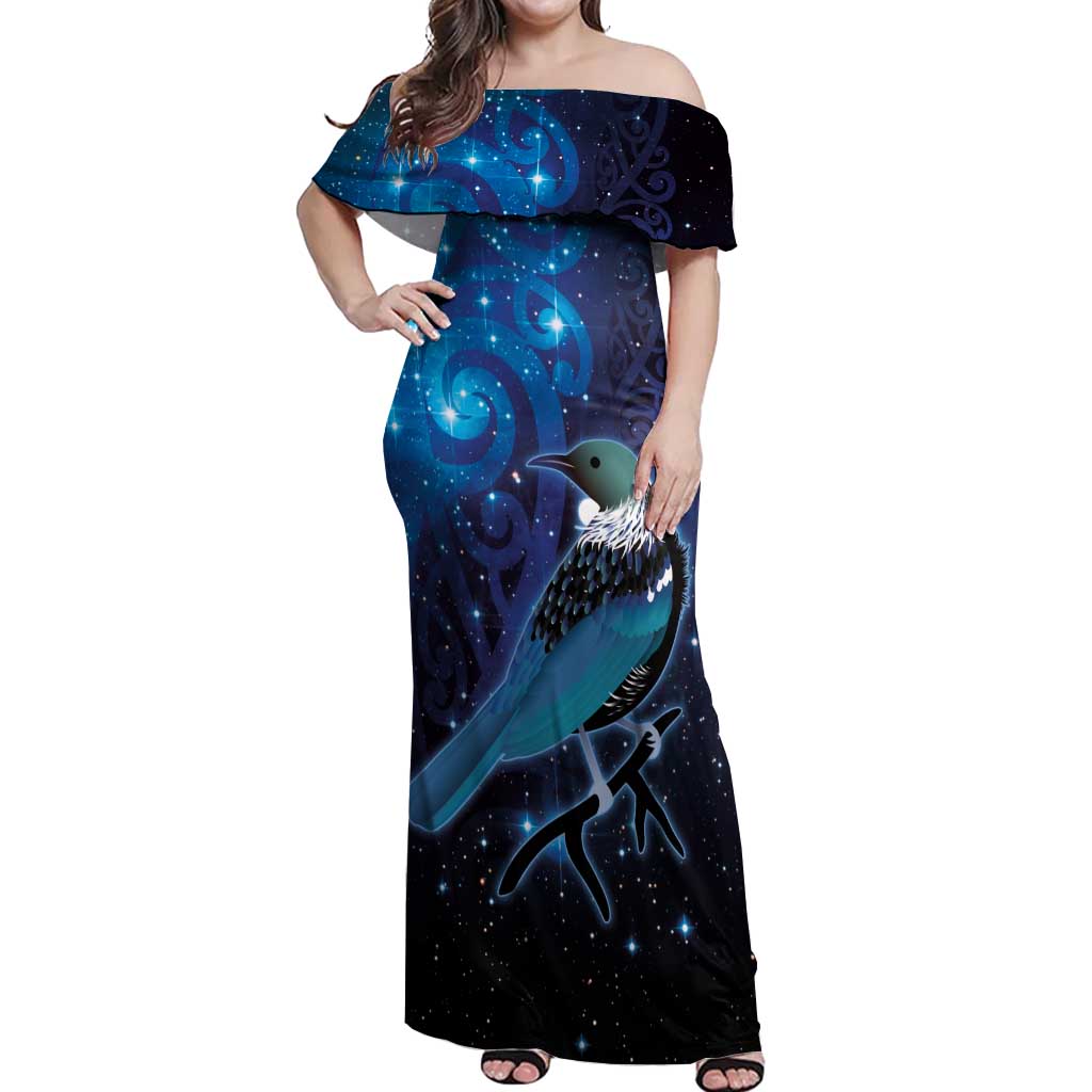 New Zealand Tui Bird Off Shoulder Maxi Dress The Pleiades Star Cluster and Koru Tribal Tattoo Galaxy Vibe