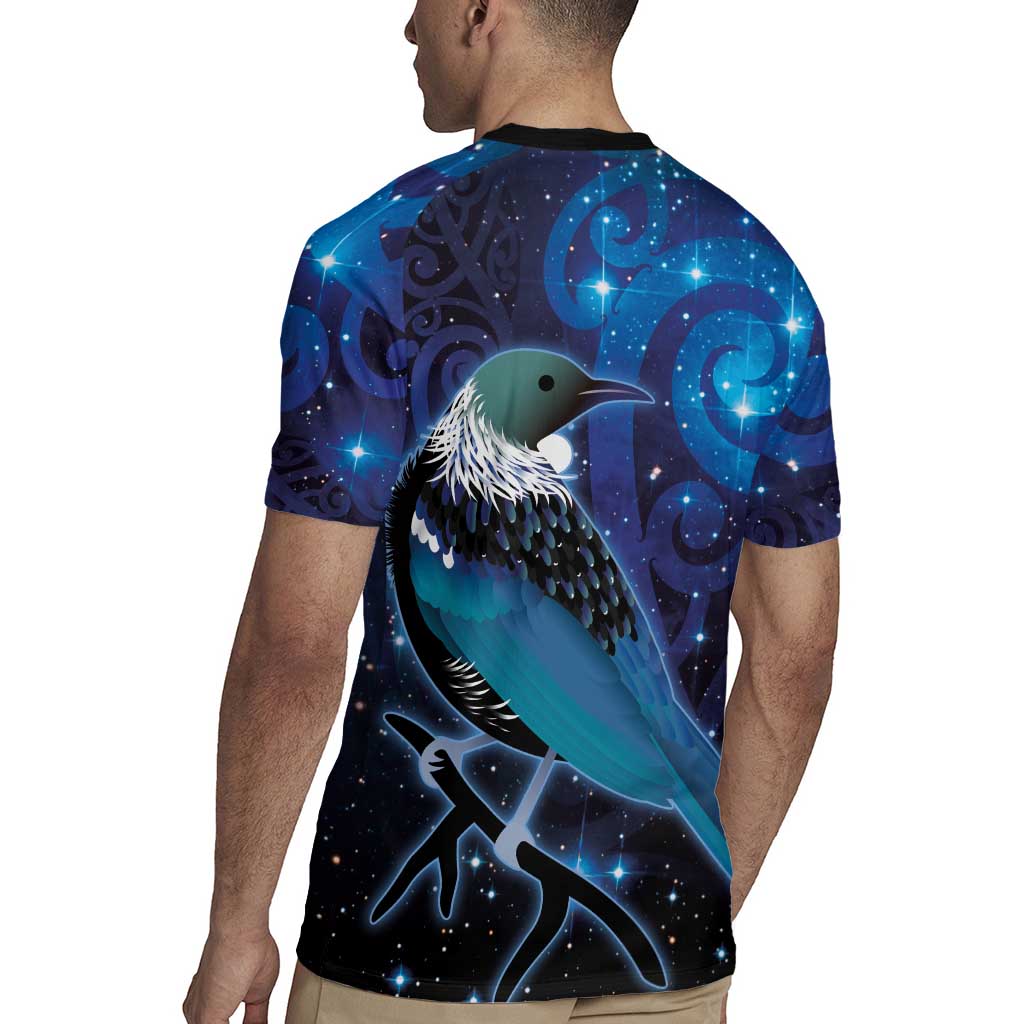 New Zealand Tui Bird Rugby Jersey The Pleiades Star Cluster and Koru Tribal Tattoo Galaxy Vibe