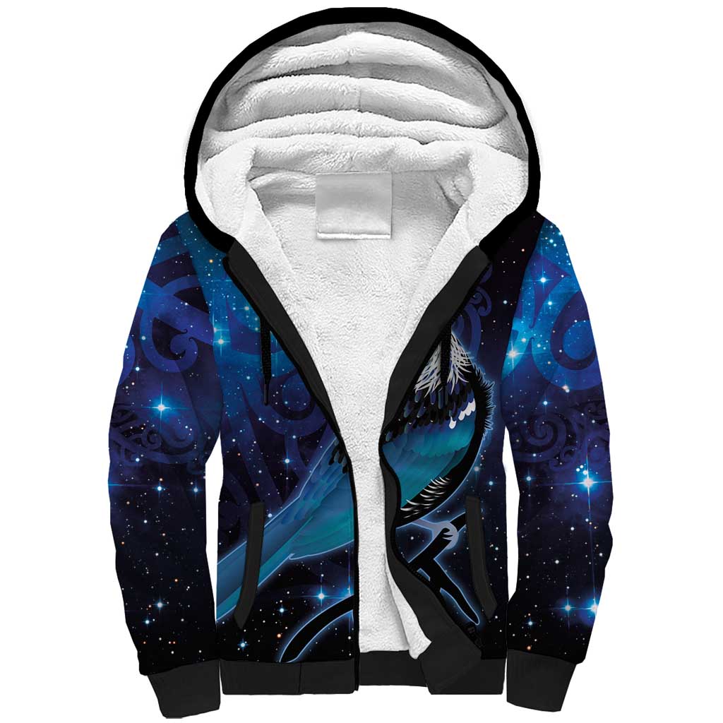 New Zealand Tui Bird Sherpa Hoodie The Pleiades Star Cluster and Koru Tribal Tattoo Galaxy Vibe