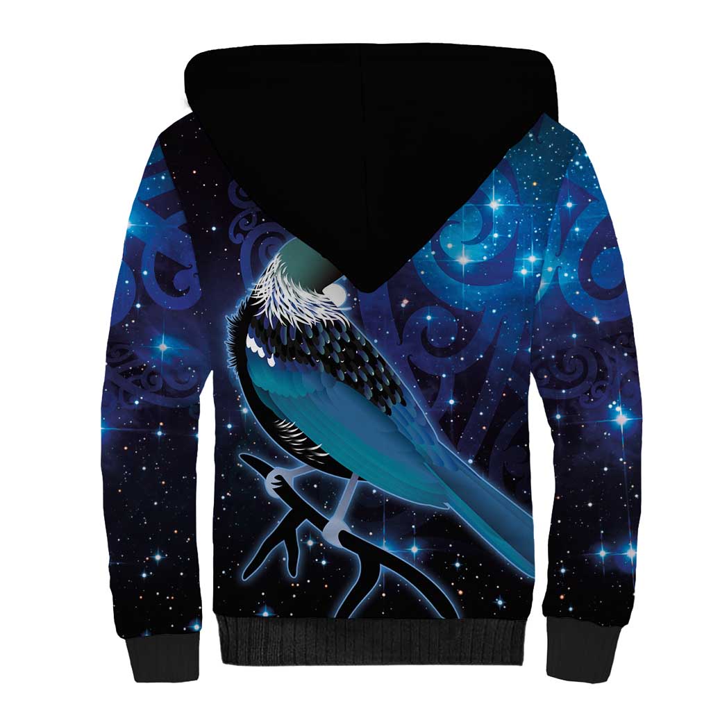 New Zealand Tui Bird Sherpa Hoodie The Pleiades Star Cluster and Koru Tribal Tattoo Galaxy Vibe