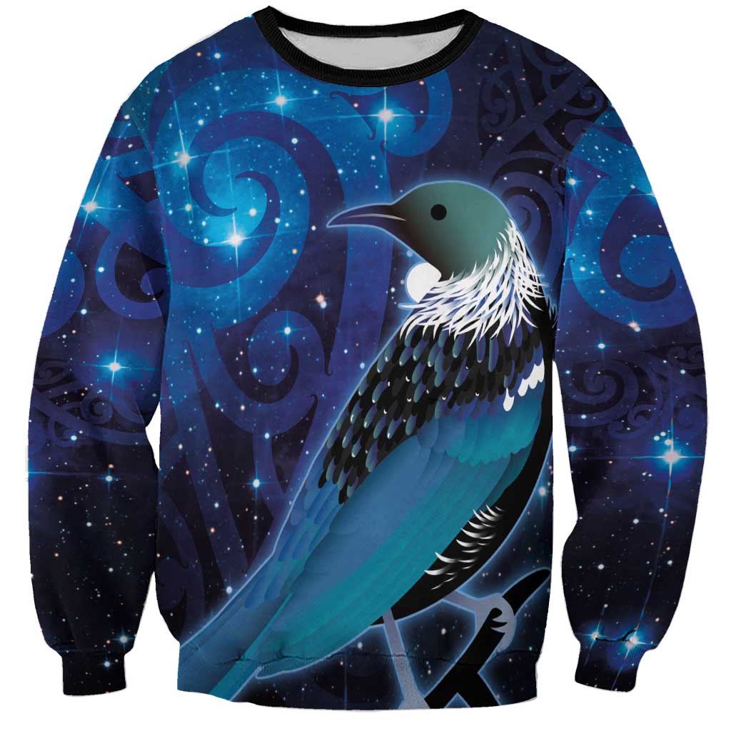 New Zealand Tui Bird Sweatshirt The Pleiades Star Cluster and Koru Tribal Tattoo Galaxy Vibe LT03 Unisex Blue - Polynesian Pride