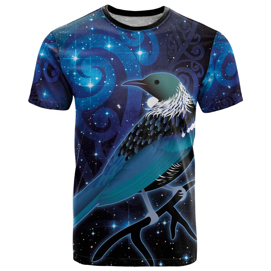 New Zealand Tui Bird T Shirt The Pleiades Star Cluster and Koru Tribal Tattoo Galaxy Vibe