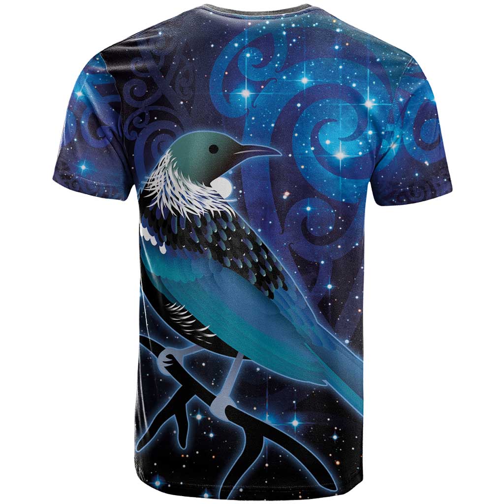 New Zealand Tui Bird T Shirt The Pleiades Star Cluster and Koru Tribal Tattoo Galaxy Vibe