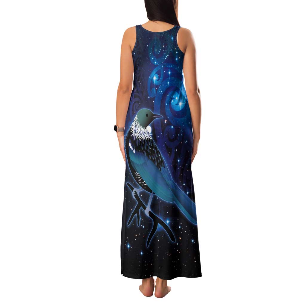 New Zealand Tui Bird Tank Maxi Dress The Pleiades Star Cluster and Koru Tribal Tattoo Galaxy Vibe