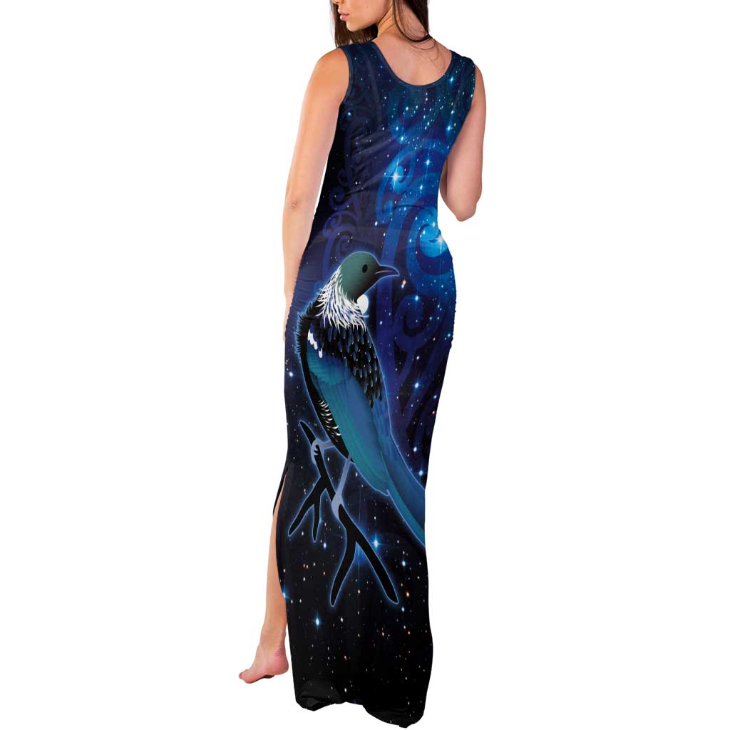 New Zealand Tui Bird Tank Maxi Dress The Pleiades Star Cluster and Koru Tribal Tattoo Galaxy Vibe