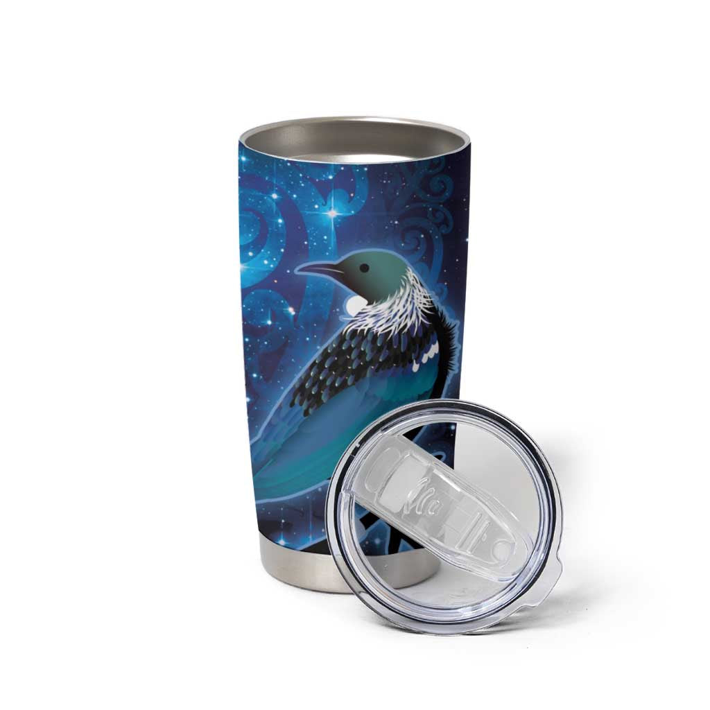 New Zealand Tui Bird Tumbler Cup The Pleiades Star Cluster and Koru Tribal Tattoo Galaxy Vibe LT03 - Polynesian Pride
