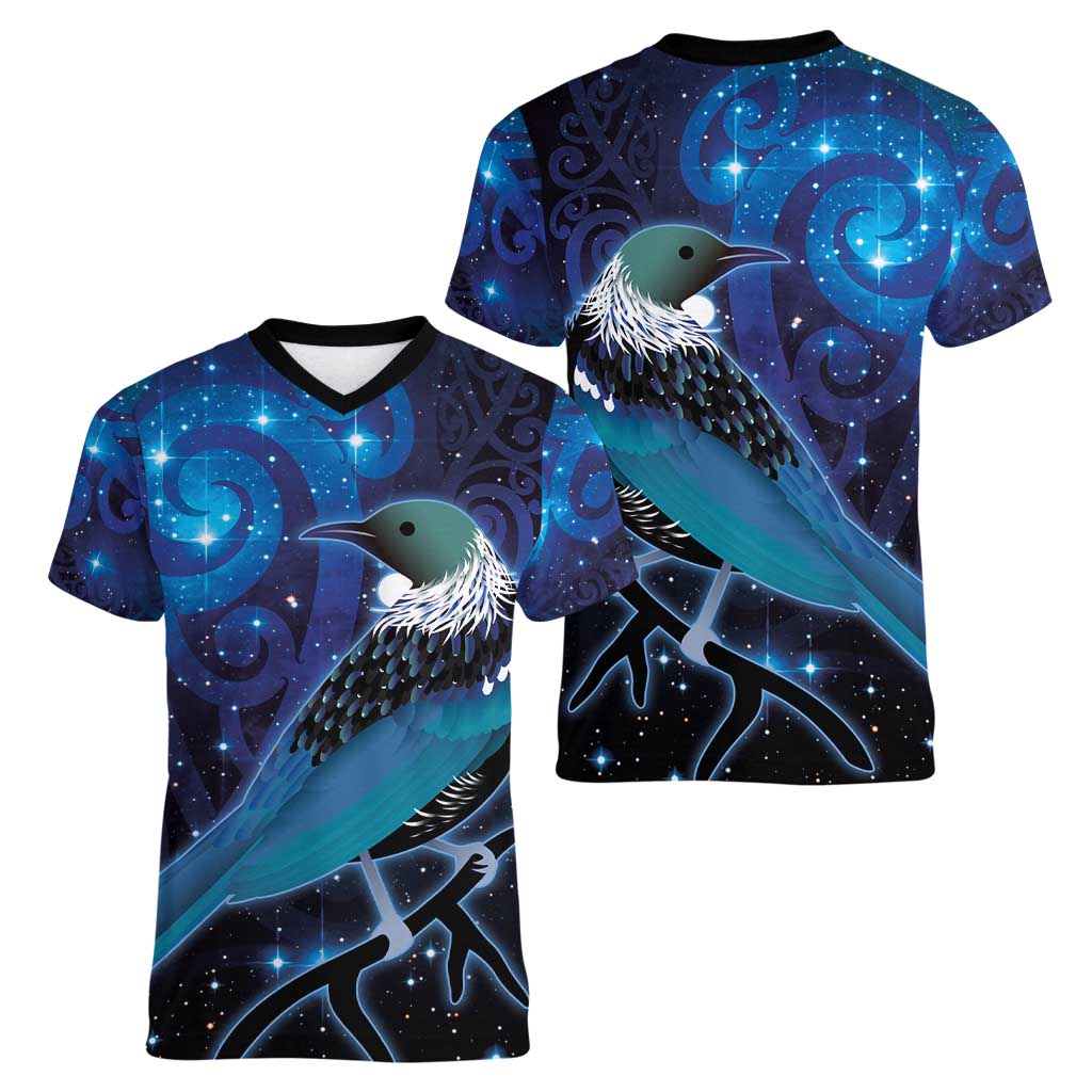 New Zealand Tui Bird Women V-Neck T-Shirt The Pleiades Star Cluster and Koru Tribal Tattoo Galaxy Vibe LT03 - Polynesian Pride