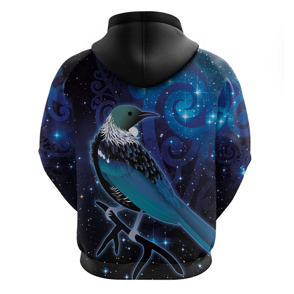 New Zealand Tui Bird Zip Hoodie The Pleiades Star Cluster and Koru Tribal Tattoo Galaxy Vibe LT03 - Polynesian Pride