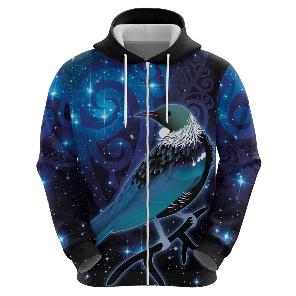 New Zealand Tui Bird Zip Hoodie The Pleiades Star Cluster and Koru Tribal Tattoo Galaxy Vibe LT03 - Polynesian Pride