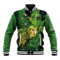 New Zealand Kkp Baseball Jacket Silver Fern with Close up of Green Fern Leaves and Maori Tattoo LT03 Unisex Green - Polynesian Pride
