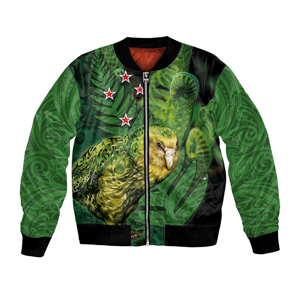 New Zealand Kkp Bomber Jacket Silver Fern with Close up of Green Fern Leaves and Maori Tattoo LT03 Unisex Green - Polynesian Pride