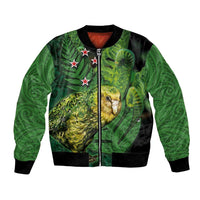New Zealand Kkp Bomber Jacket Silver Fern with Close up of Green Fern Leaves and Maori Tattoo LT03 Unisex Green - Polynesian Pride