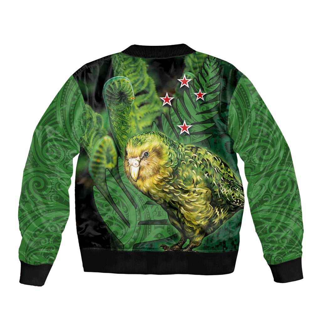 New Zealand Kkp Bomber Jacket Silver Fern with Close up of Green Fern Leaves and Maori Tattoo LT03 - Polynesian Pride