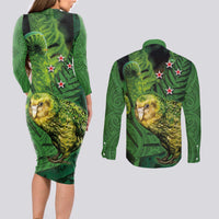 New Zealand Kkp Couples Matching Long Sleeve Bodycon Dress and Long Sleeve Button Shirt Silver Fern with Close up of Green Fern Leaves and Maori Tattoo LT03 - Polynesian Pride