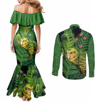 New Zealand Kkp Couples Matching Mermaid Dress and Long Sleeve Button Shirt Silver Fern with Close up of Green Fern Leaves and Maori Tattoo LT03 - Polynesian Pride