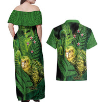 New Zealand Kākāpō Couples Matching Off Shoulder Maxi Dress and Hawaiian Shirt Silver Fern with Close up of Green Fern Leaves and Maori Tattoo