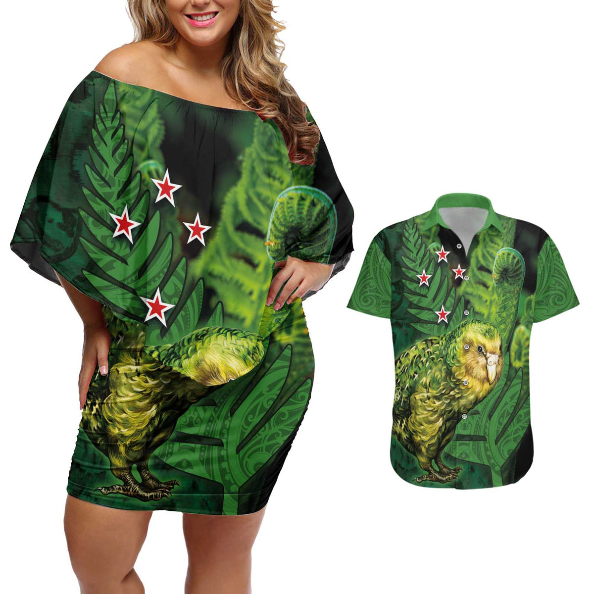 New Zealand Kkp Couples Matching Off Shoulder Short Dress and Hawaiian Shirt Silver Fern with Close up of Green Fern Leaves and Maori Tattoo LT03 Green - Polynesian Pride