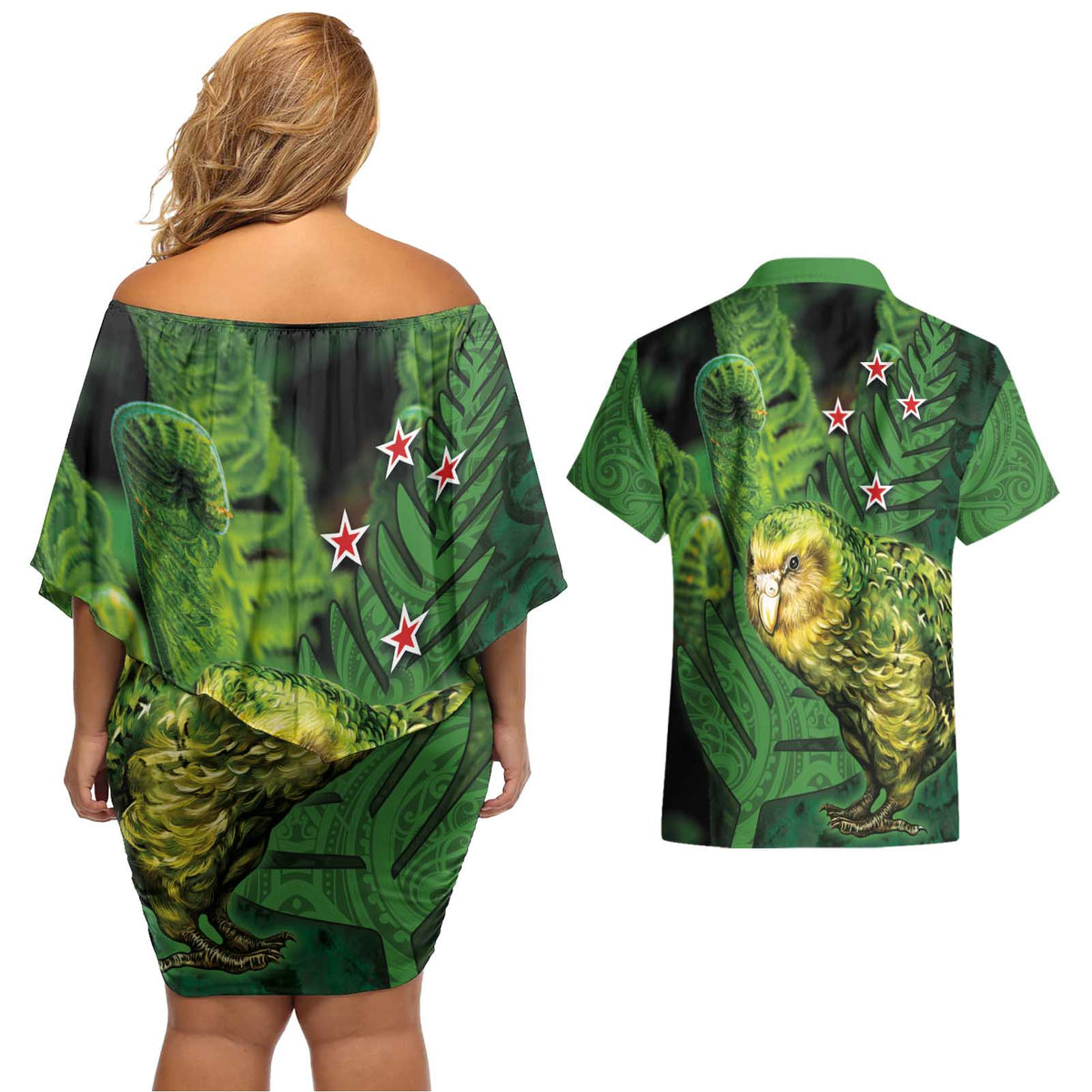 New Zealand Kkp Couples Matching Off Shoulder Short Dress and Hawaiian Shirt Silver Fern with Close up of Green Fern Leaves and Maori Tattoo LT03 - Polynesian Pride