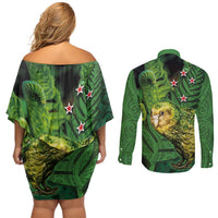 New Zealand Kkp Couples Matching Off Shoulder Short Dress and Long Sleeve Button Shirt Silver Fern with Close up of Green Fern Leaves and Maori Tattoo LT03 - Polynesian Pride
