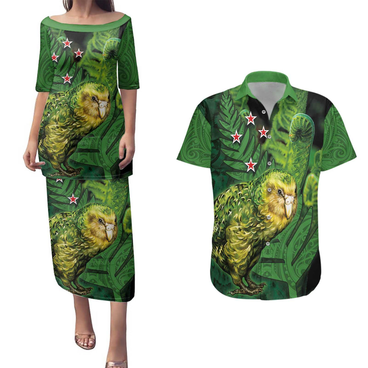 New Zealand Kkp Couples Matching Puletasi and Hawaiian Shirt Silver Fern with Close up of Green Fern Leaves and Maori Tattoo LT03 Green - Polynesian Pride