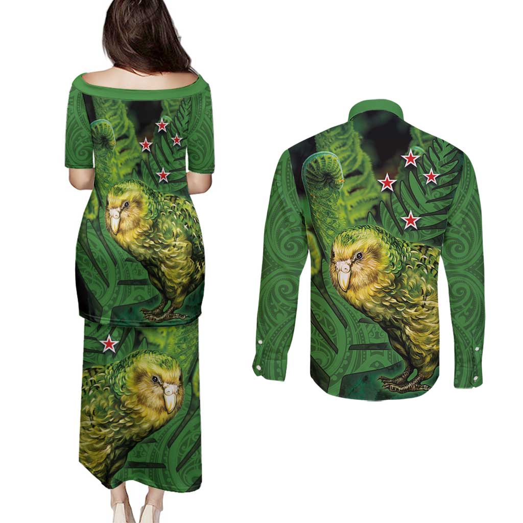 New Zealand Kkp Couples Matching Puletasi and Long Sleeve Button Shirt Silver Fern with Close up of Green Fern Leaves and Maori Tattoo LT03 - Polynesian Pride