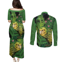 New Zealand Kkp Couples Matching Puletasi and Long Sleeve Button Shirt Silver Fern with Close up of Green Fern Leaves and Maori Tattoo LT03 - Polynesian Pride