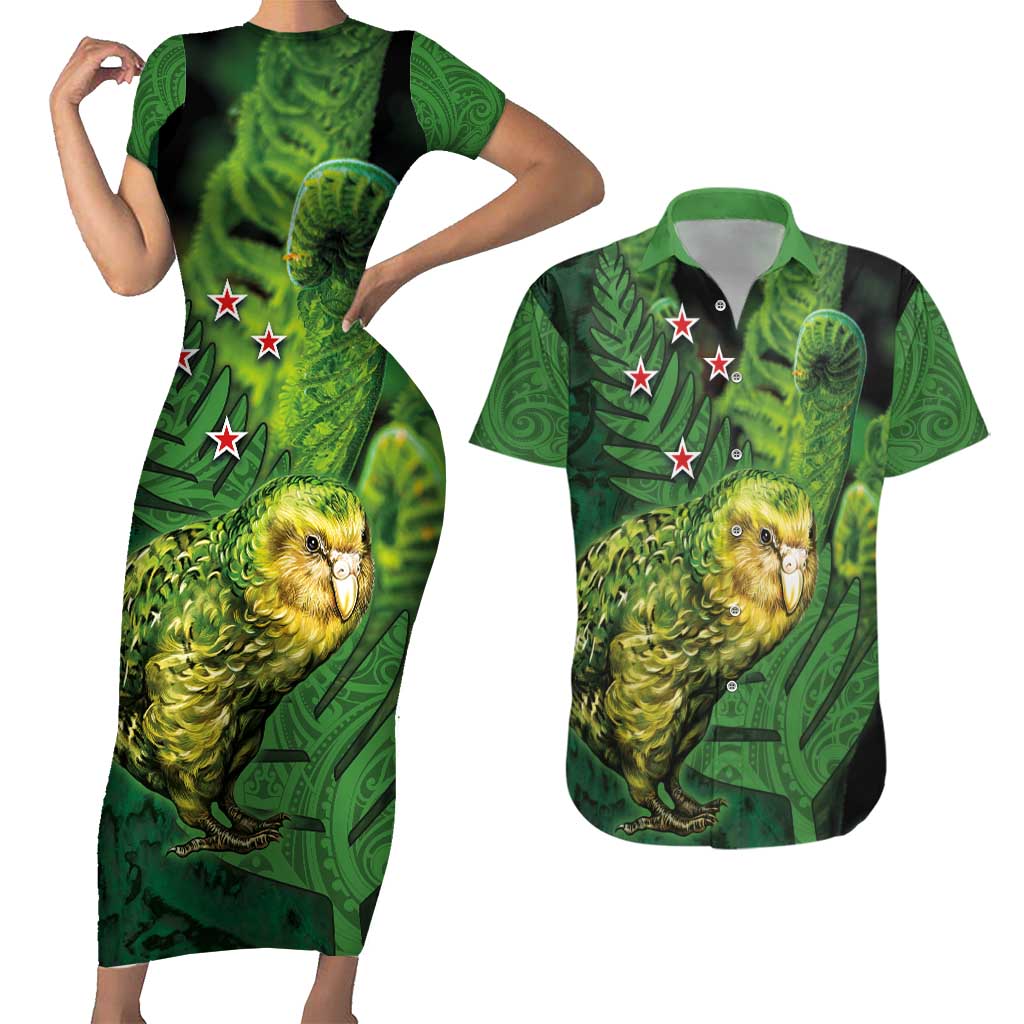 New Zealand Kākāpō Couples Matching Short Sleeve Bodycon Dress and Hawaiian Shirt Silver Fern with Close up of Green Fern Leaves and Maori Tattoo