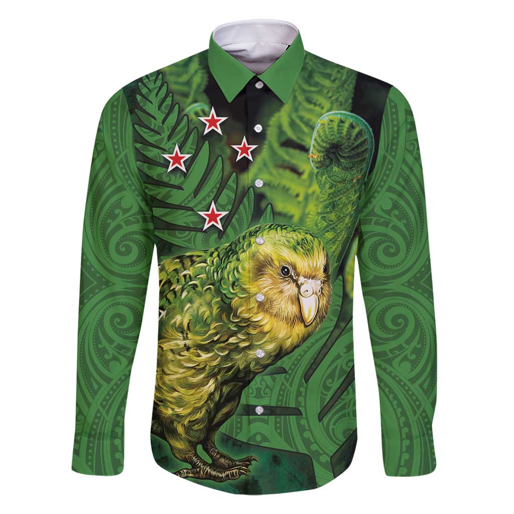 New Zealand Kkp Family Matching Long Sleeve Bodycon Dress and Hawaiian Shirt Silver Fern with Close up of Green Fern Leaves and Maori Tattoo LT03 Dad's Shirt - Long Sleeve Green - Polynesian Pride
