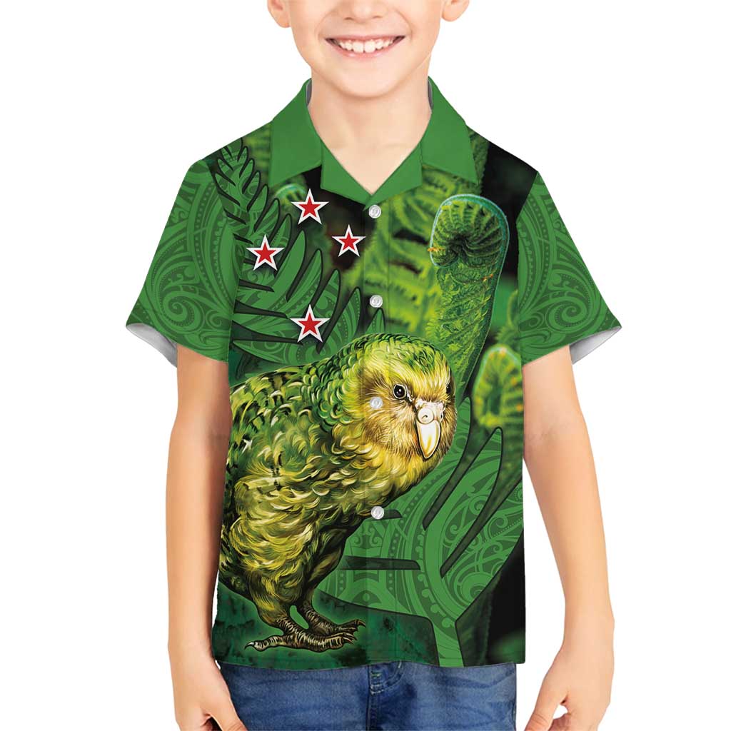 New Zealand Kkp Family Matching Long Sleeve Bodycon Dress and Hawaiian Shirt Silver Fern with Close up of Green Fern Leaves and Maori Tattoo LT03 Son's Shirt Green - Polynesian Pride