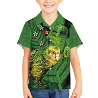 New Zealand Kkp Family Matching Long Sleeve Bodycon Dress and Hawaiian Shirt Silver Fern with Close up of Green Fern Leaves and Maori Tattoo LT03 Son's Shirt Green - Polynesian Pride