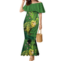 New Zealand Kkp Family Matching Mermaid Dress and Hawaiian Shirt Silver Fern with Close up of Green Fern Leaves and Maori Tattoo LT03 Mom's Dress Green - Polynesian Pride