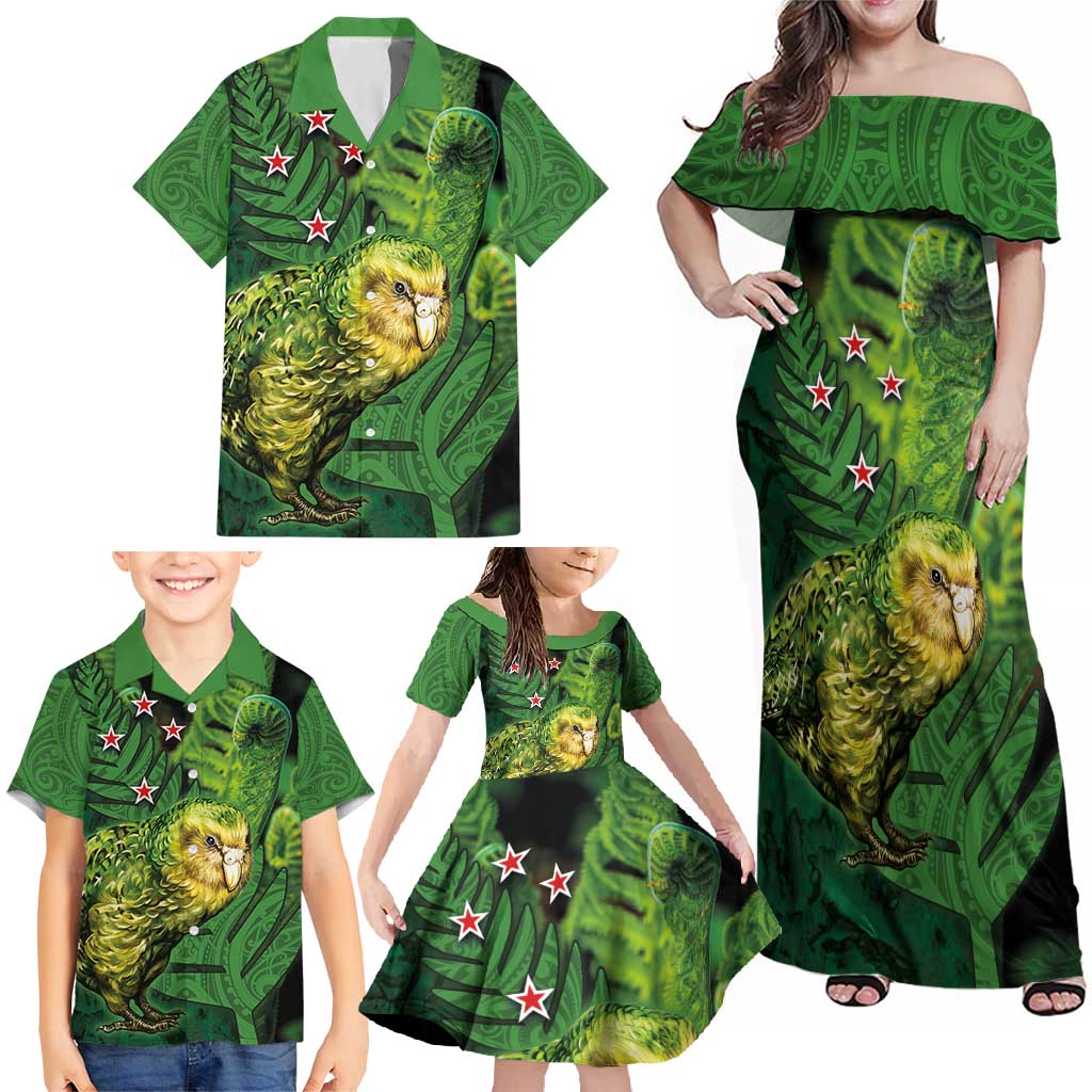 New Zealand Kkp Family Matching Off Shoulder Maxi Dress and Hawaiian Shirt Silver Fern with Close up of Green Fern Leaves and Maori Tattoo LT03 - Polynesian Pride