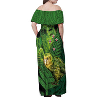 New Zealand Kkp Family Matching Off Shoulder Maxi Dress and Hawaiian Shirt Silver Fern with Close up of Green Fern Leaves and Maori Tattoo LT03 - Polynesian Pride
