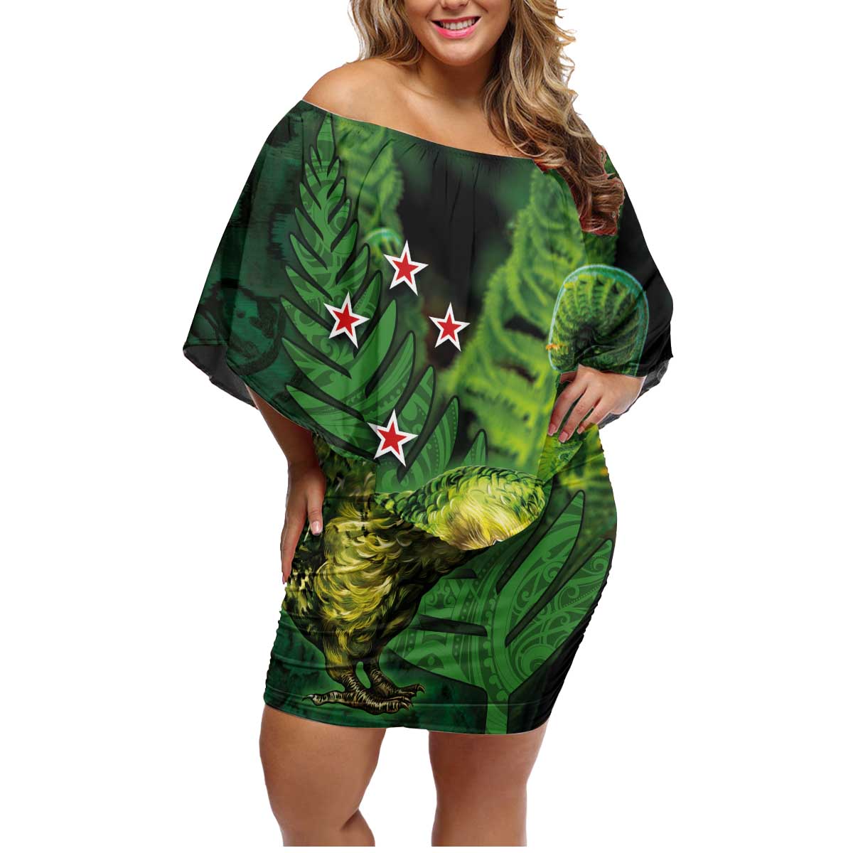 New Zealand Kākāpō Family Matching Off Shoulder Short Dress and Hawaiian Shirt Silver Fern with Close up of Green Fern Leaves and Maori Tattoo