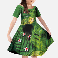 New Zealand Kkp Family Matching Puletasi and Hawaiian Shirt Silver Fern with Close up of Green Fern Leaves and Maori Tattoo LT03 Daughter's Dress Green - Polynesian Pride