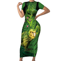 New Zealand Kkp Family Matching Short Sleeve Bodycon Dress and Hawaiian Shirt Silver Fern with Close up of Green Fern Leaves and Maori Tattoo LT03 Mom's Dress Green - Polynesian Pride