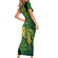 New Zealand Kkp Family Matching Short Sleeve Bodycon Dress and Hawaiian Shirt Silver Fern with Close up of Green Fern Leaves and Maori Tattoo LT03 - Polynesian Pride