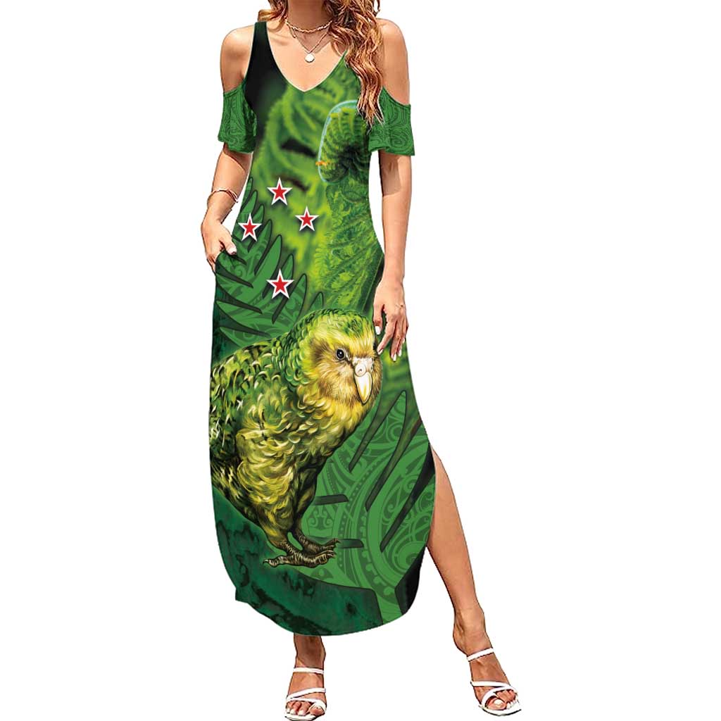 New Zealand Kākāpō Family Matching Summer Maxi Dress and Hawaiian Shirt Silver Fern with Close up of Green Fern Leaves and Maori Tattoo