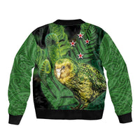 New Zealand Kkp Sleeve Zip Bomber Jacket Silver Fern with Close up of Green Fern Leaves and Maori Tattoo LT03 - Polynesian Pride