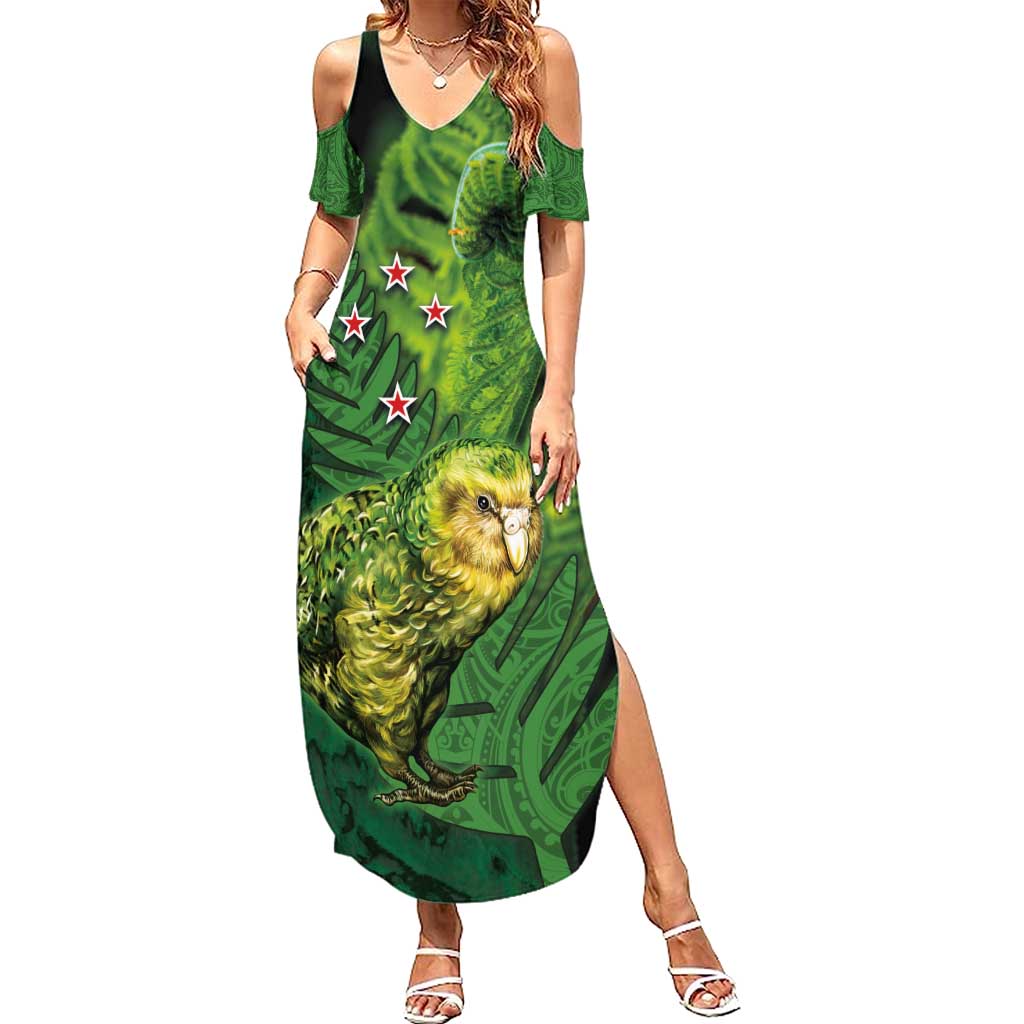 New Zealand Kākāpō Summer Maxi Dress Silver Fern with Close up of Green Fern Leaves and Maori Tattoo