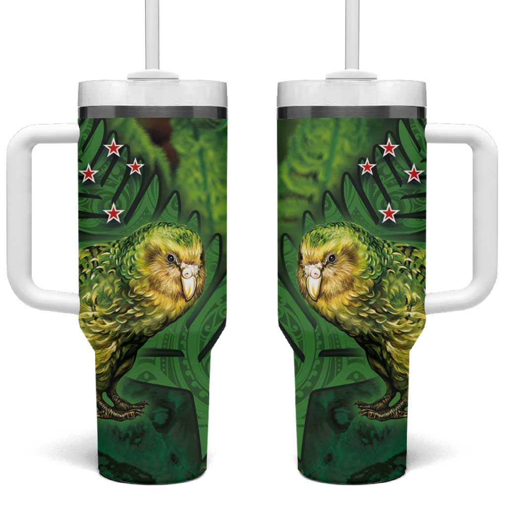 New Zealand Kākāpō Tumbler With Handle Silver Fern with Close up of Green Fern Leaves and Maori Tattoo