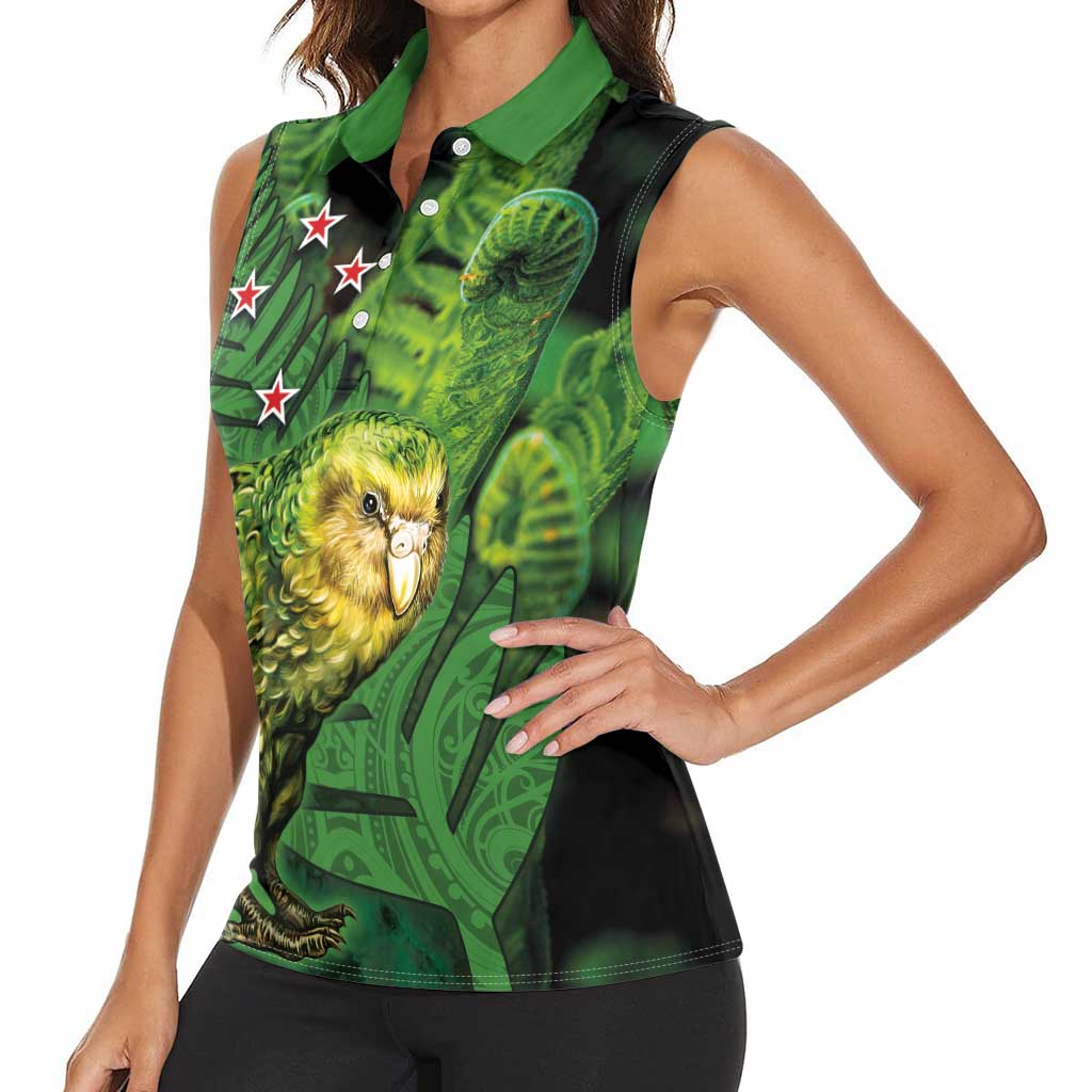 New Zealand Kākāpō Women Sleeveless Polo Shirt Silver Fern with Close up of Green Fern Leaves and Maori Tattoo