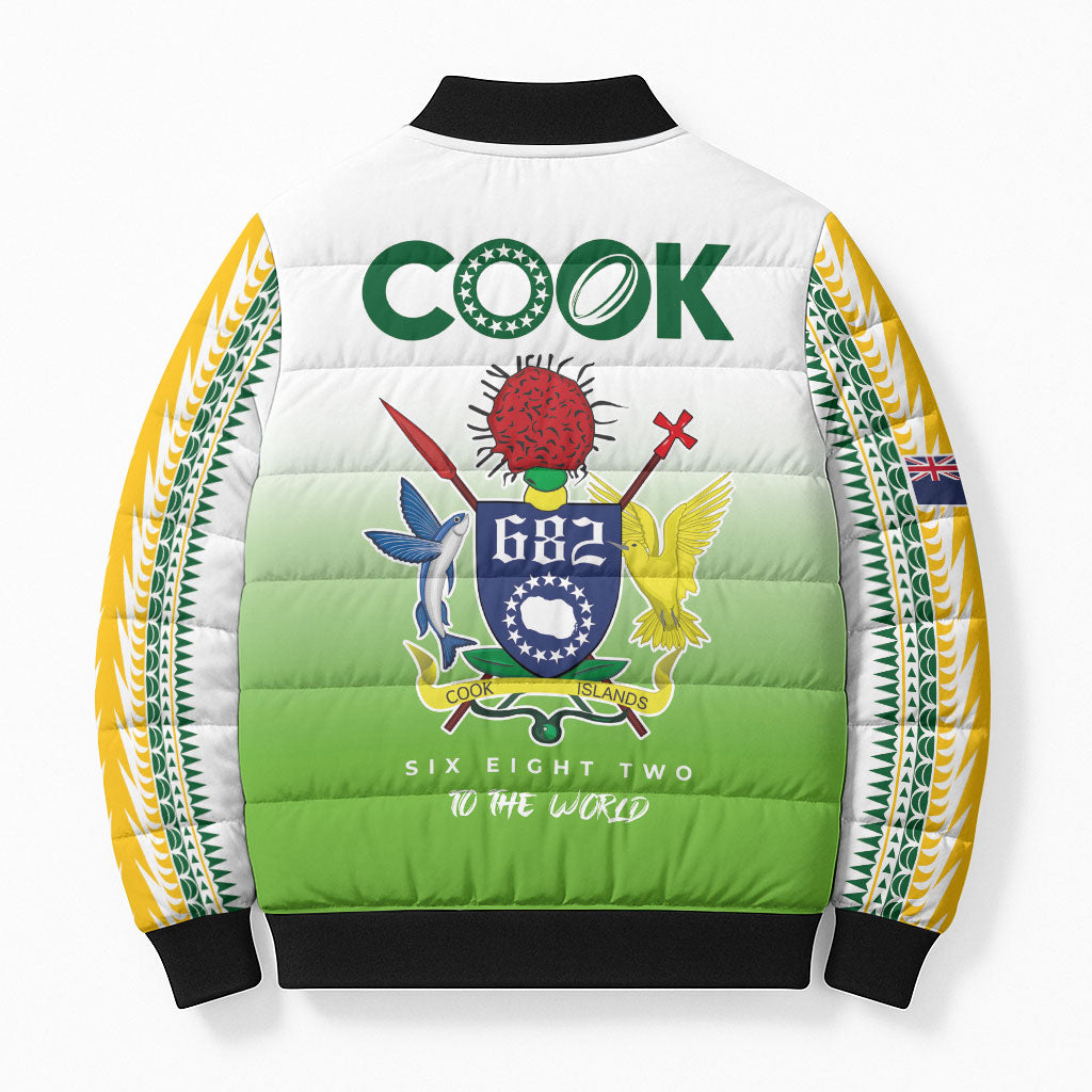Cook Islands Rugby Bomber Puffer Jacket Six Eight Two to The World - Tatau Tribal Motif