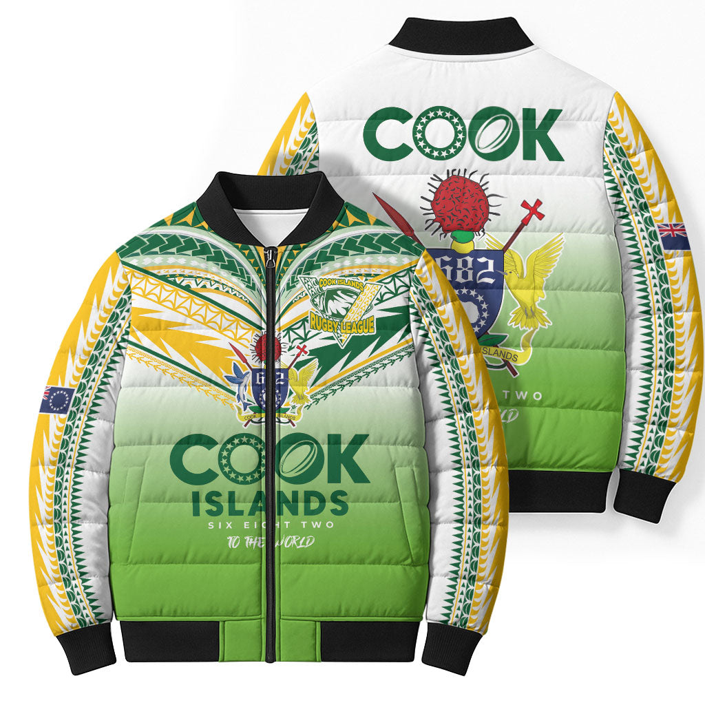 Cook Islands Rugby Bomber Puffer Jacket Six Eight Two to The World - Tatau Tribal Motif