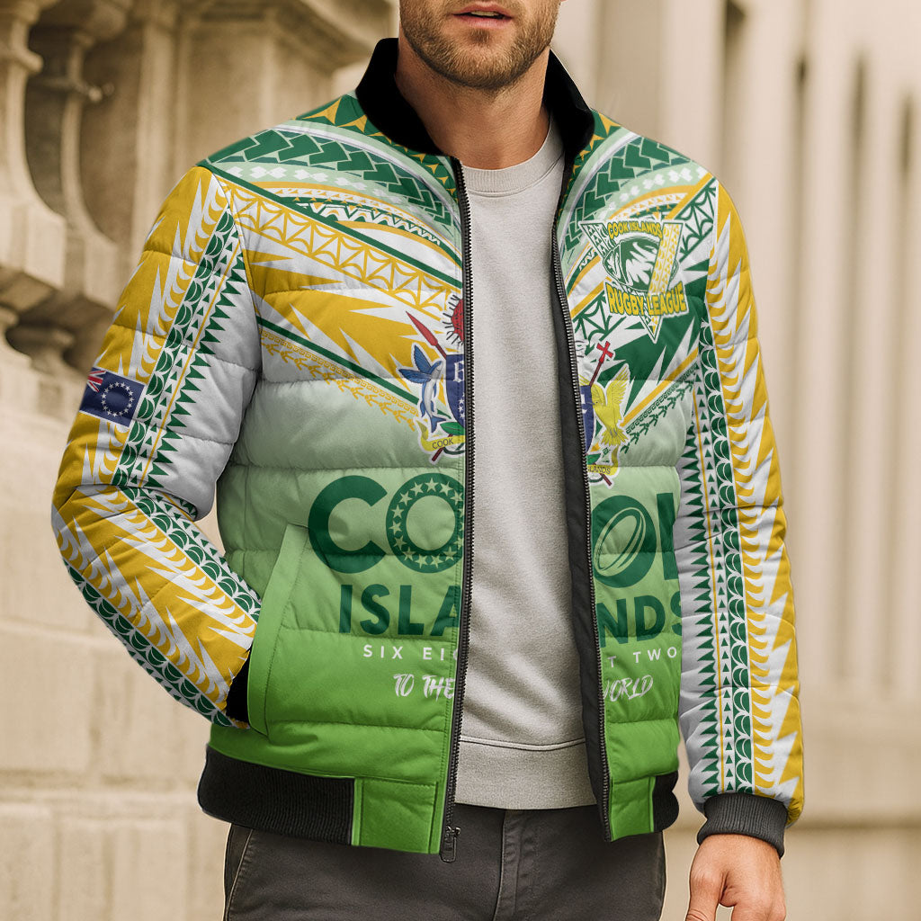 Cook Islands Rugby Bomber Puffer Jacket Six Eight Two to The World - Tatau Tribal Motif