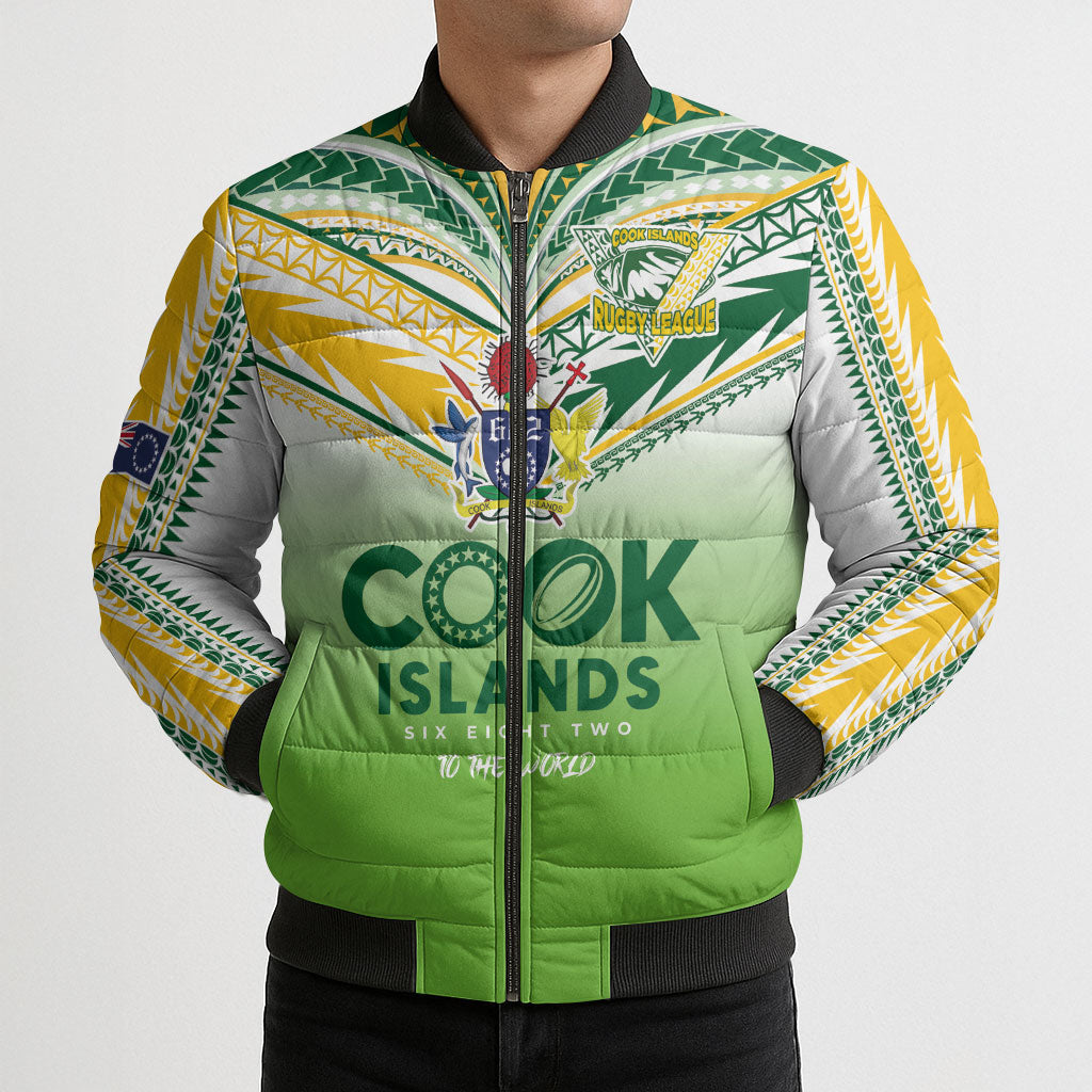 Cook Islands Rugby Bomber Puffer Jacket Six Eight Two to The World - Tatau Tribal Motif